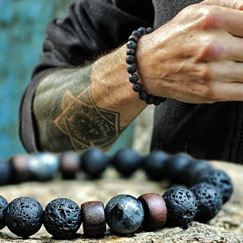 Bracelet en Pierre de Lave pour Homme, Bouddha Tibétain