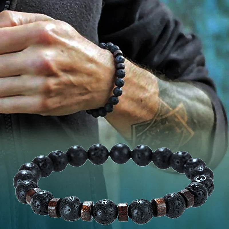 Bracelet en Pierre de Lave pour Homme, Bouddha Tibétain
