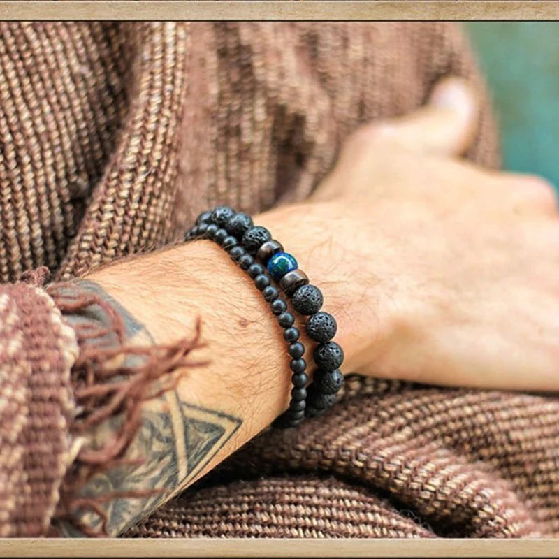 Bracelet en Pierre de Lave pour Homme, Bouddha Tibétain