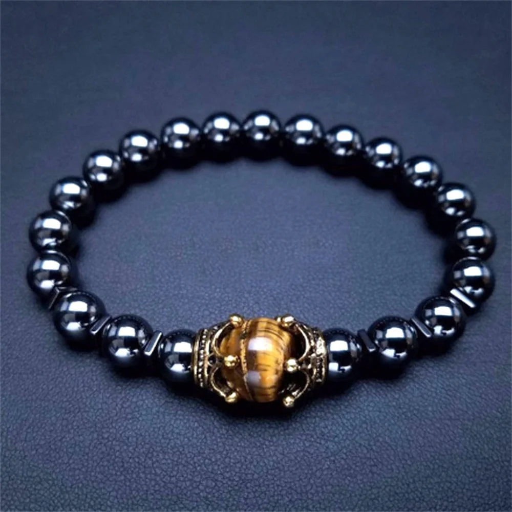 Bracelet en Hématite Naturelle, Couronne Vintage, Homme