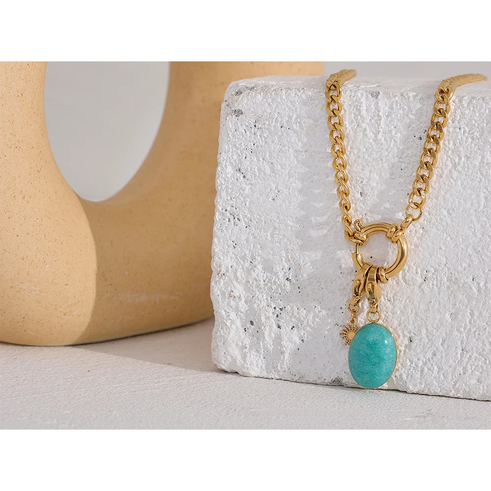 Collier Étoile en Acier Inoxydable, Pierre Naturelle Bleue