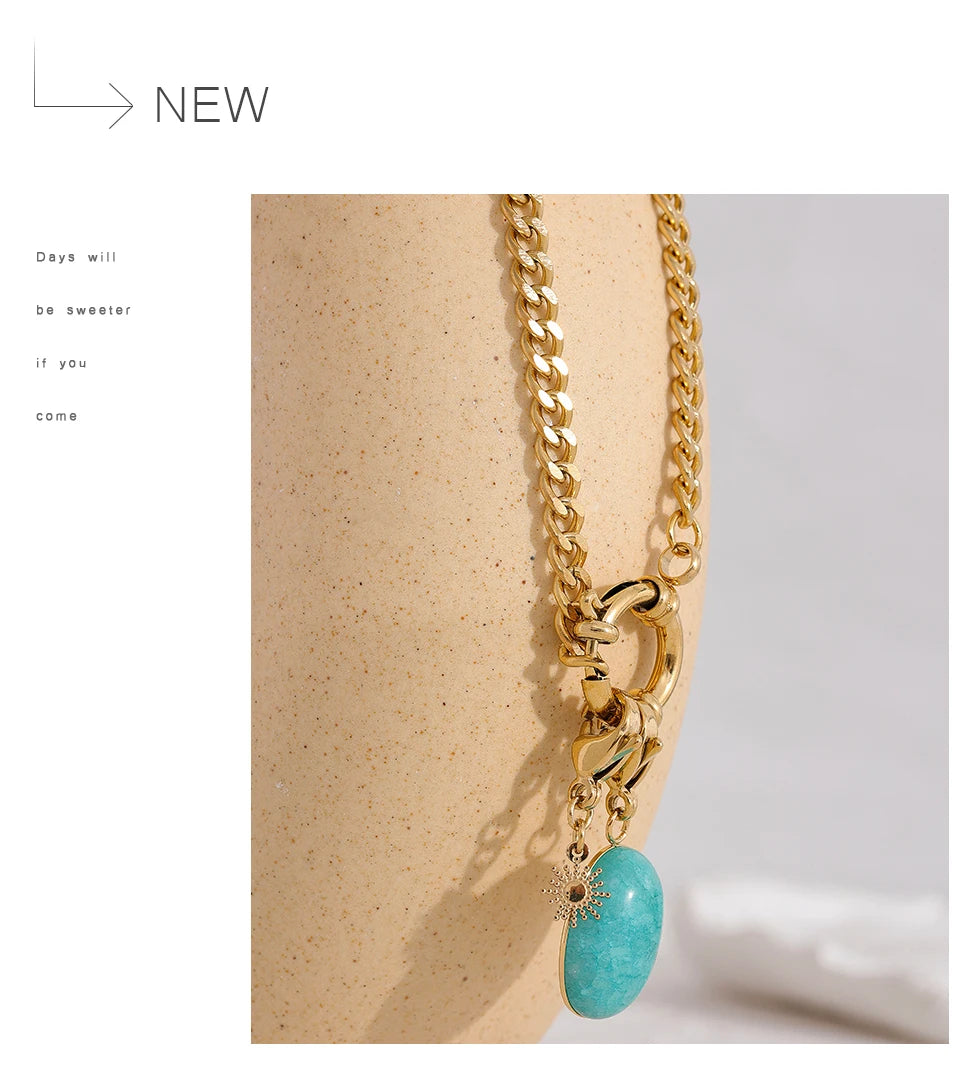 Collier Étoile en Acier Inoxydable, Pierre Naturelle Bleue