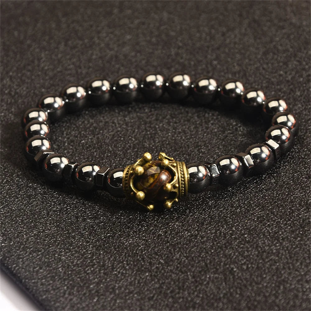 Bracelet en Hématite Naturelle, Couronne Vintage, Homme