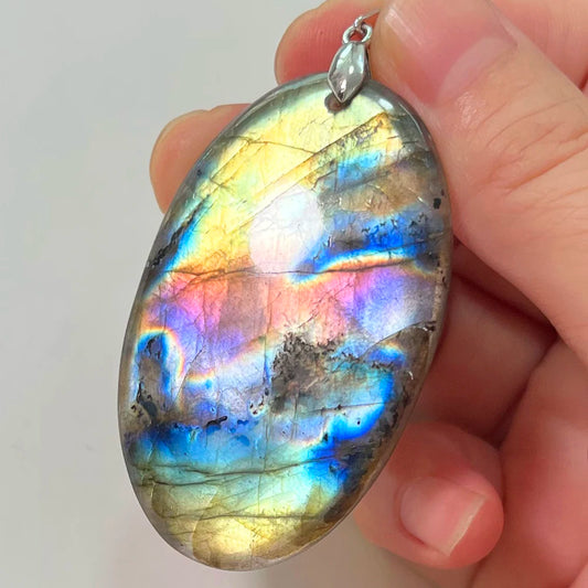 Collier Pendentif en Labradorite Naturelle, Rose et Bleue