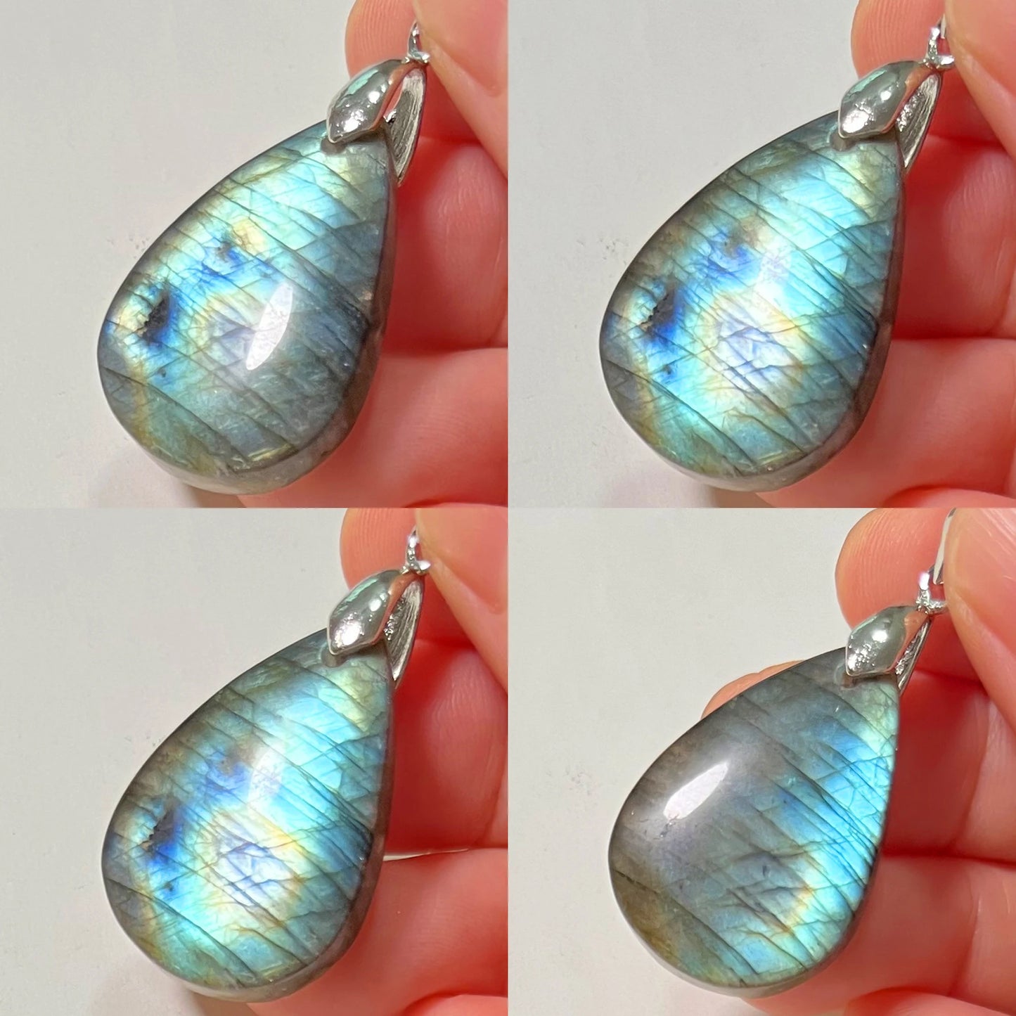Collier Pendentif en Labradorite Naturelle, Rose et Bleue