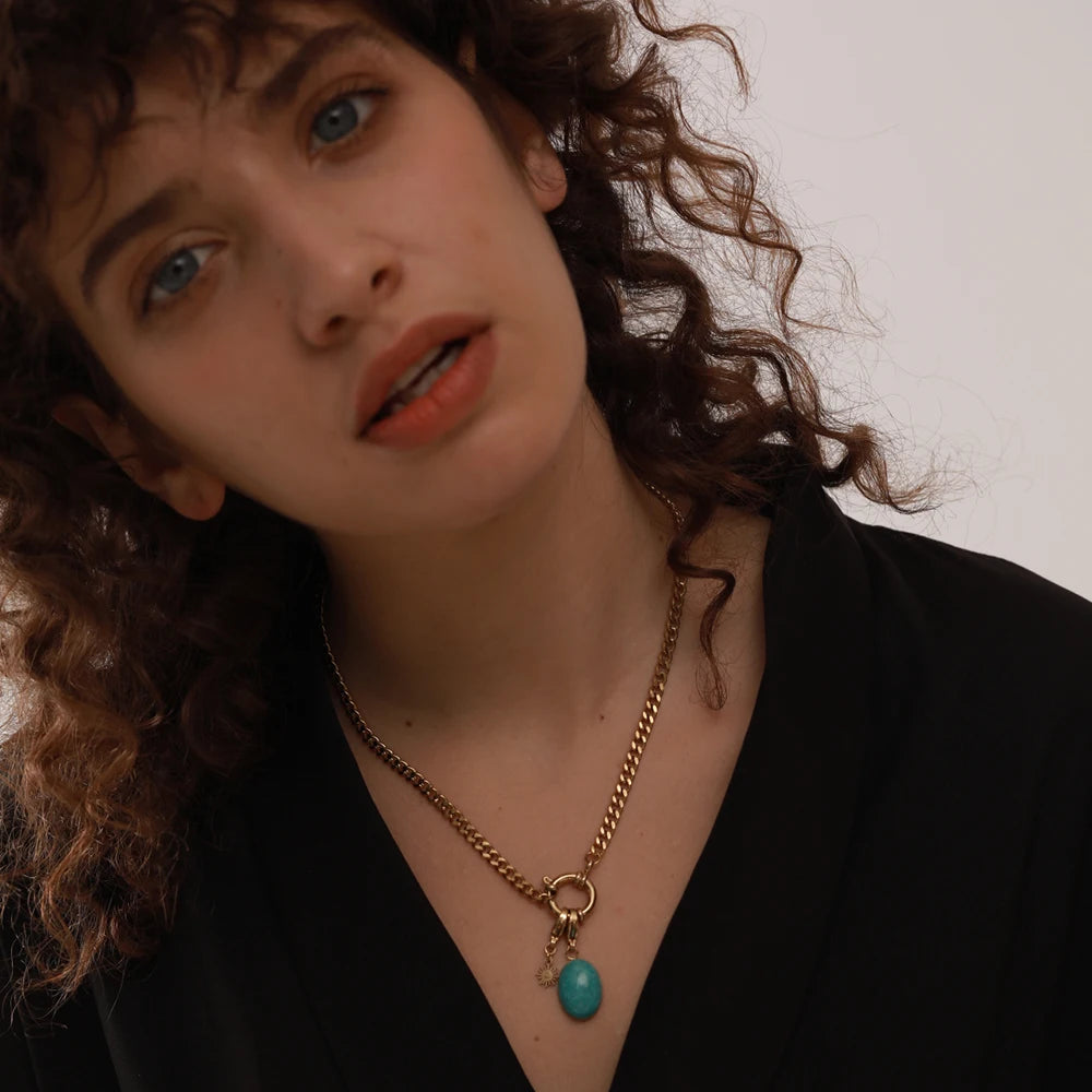 Collier Étoile en Acier Inoxydable, Pierre Naturelle Bleue