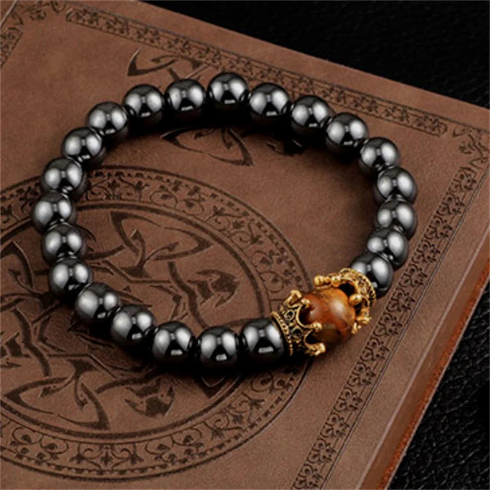 Bracelet en Hématite Naturelle, Couronne Vintage, Homme